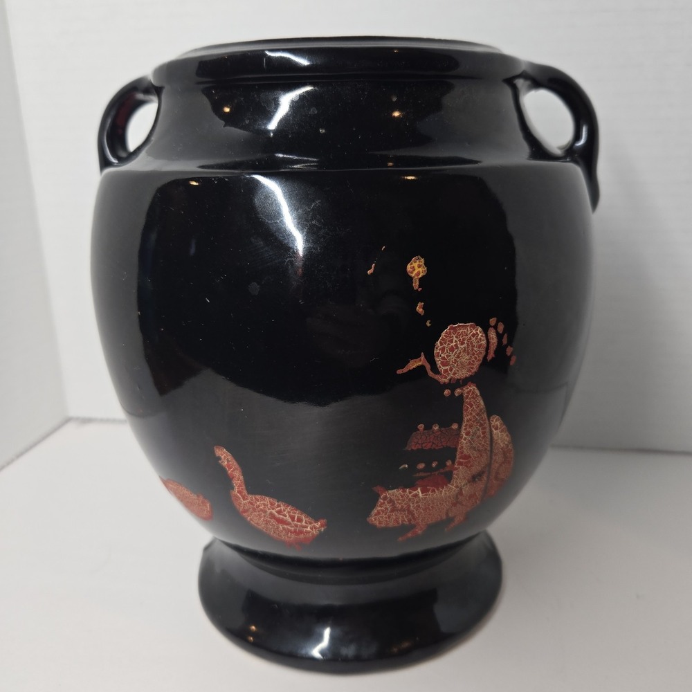 Vintage USA Made‎ Large Ceramic Pottery Jug Vase Double Handle Design Black